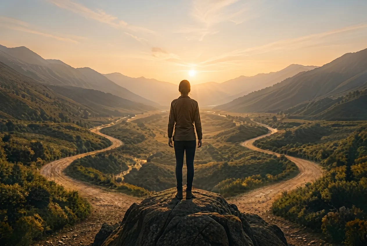 A person standing on a rocky outlook above a valley where several paths lead toward a sunrise