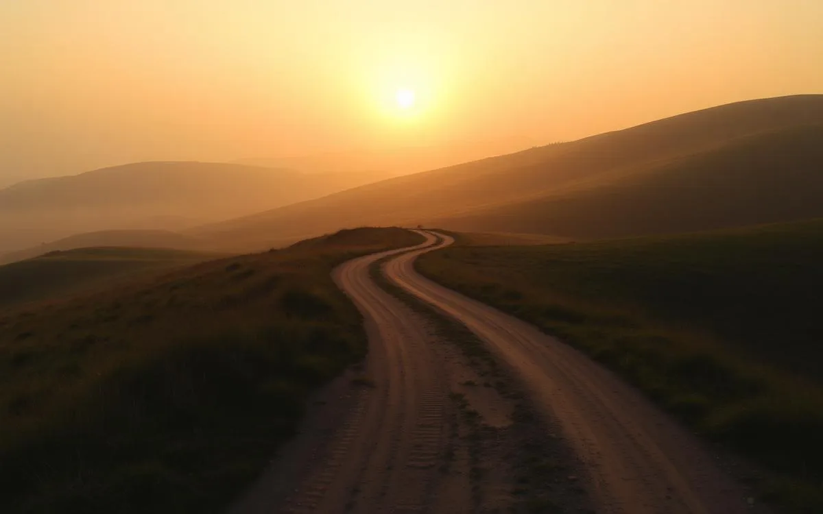 An open dirt pathway winding through rolling hills toward a rising sun