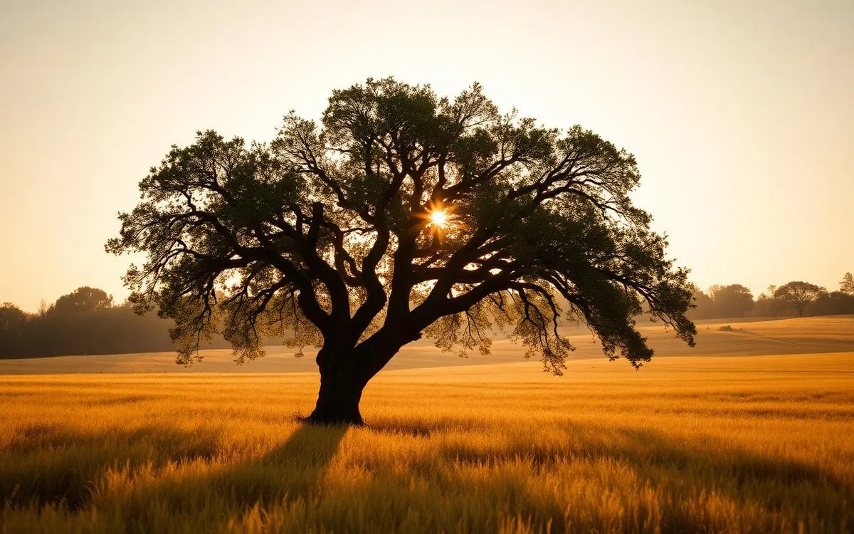 A single broad oak tree standing in a golden meadow in warm morning light