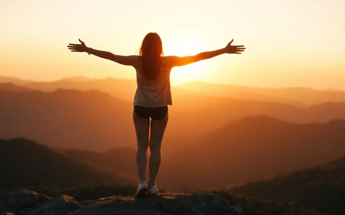 A woman on a ridge with arms open wide toward a golden sunrise over mountains